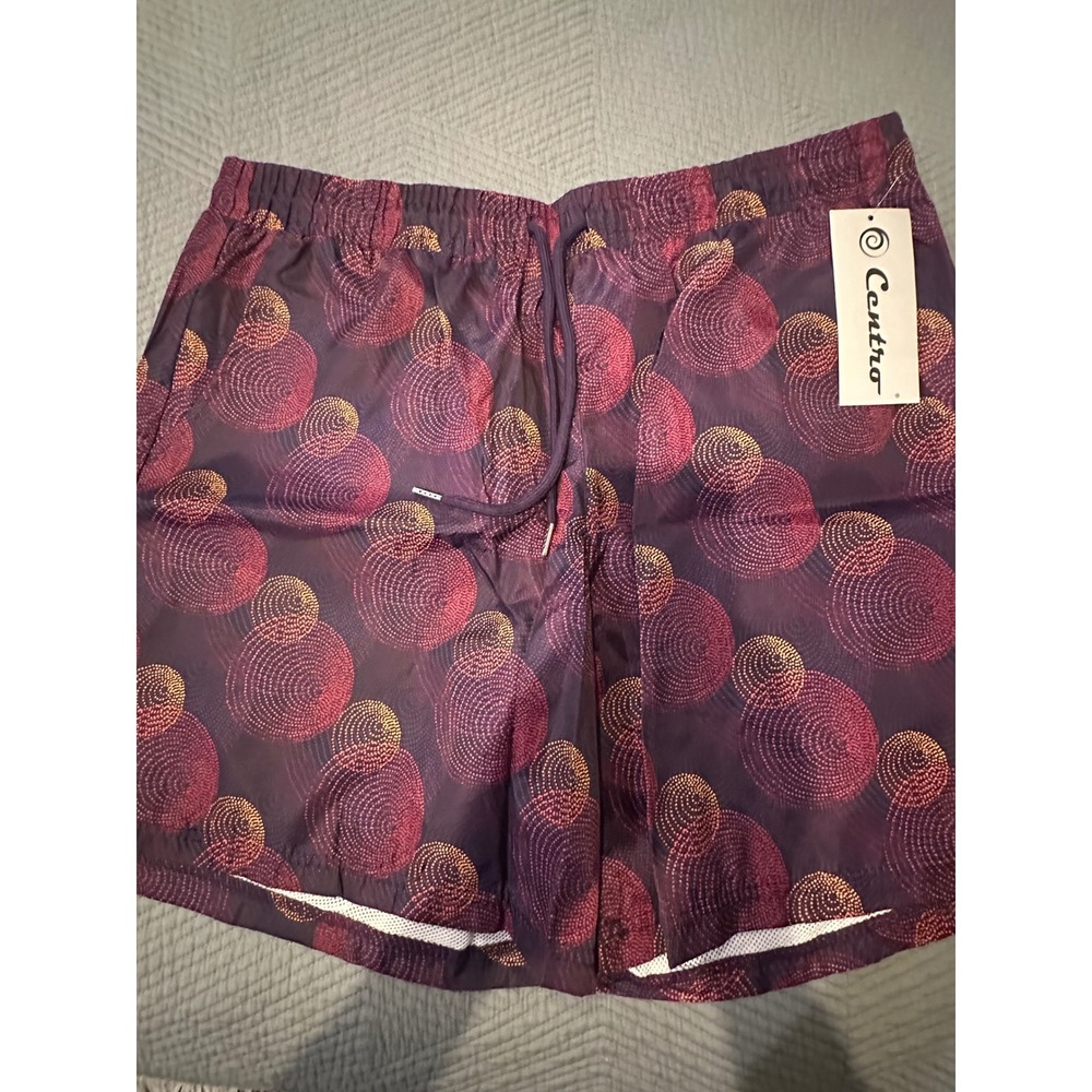 Mens Swim Trunks XL Gold Magenta Geometric Circle Print Mesh Lined